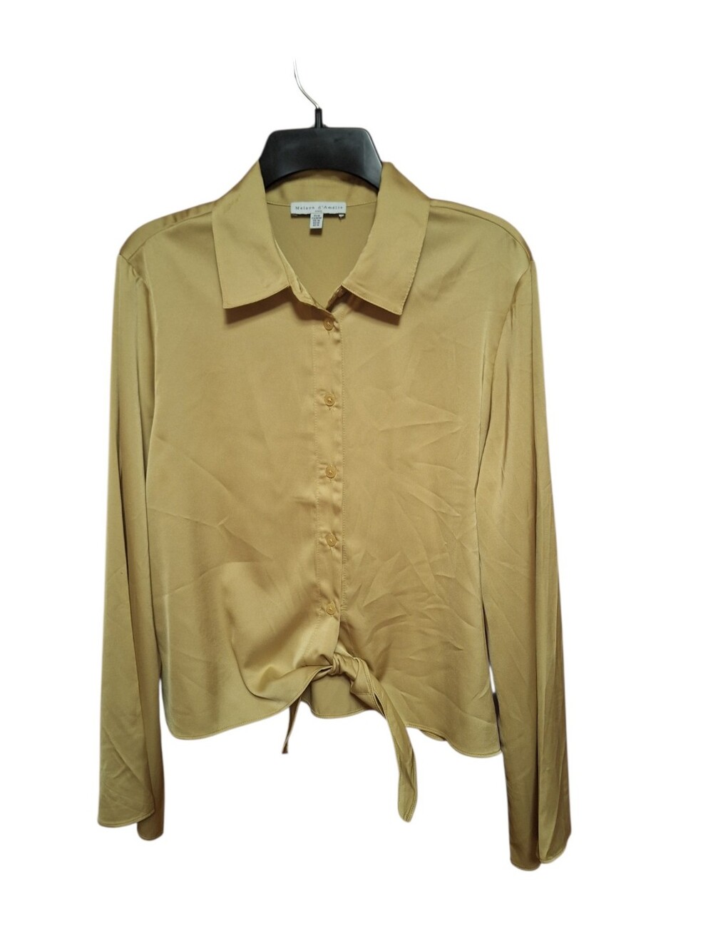 Maison d'Amelie Chartreuse Button Up Silky Blouse Tie Accent Lady Medium Preppy
